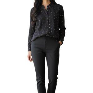 Lucky Brand Navy Polka Dot Blouse L Classic Button Front Everyday Chic Holiday